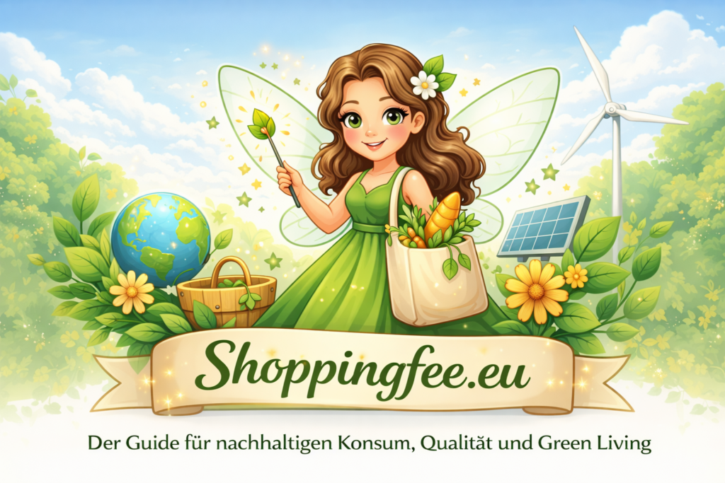 Logo von Shoppingfee.eu mit einer Illustration einer Fee inmitten einer grünen Naturlandschaft und einer Weltkugel.